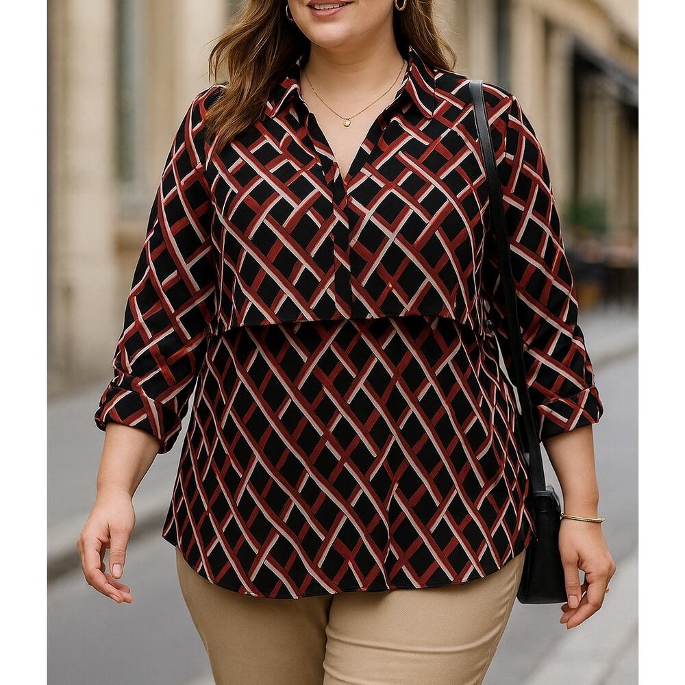 CATO Black and Red Print Overlap Front V-Neck Top - Plus Size 18/20W